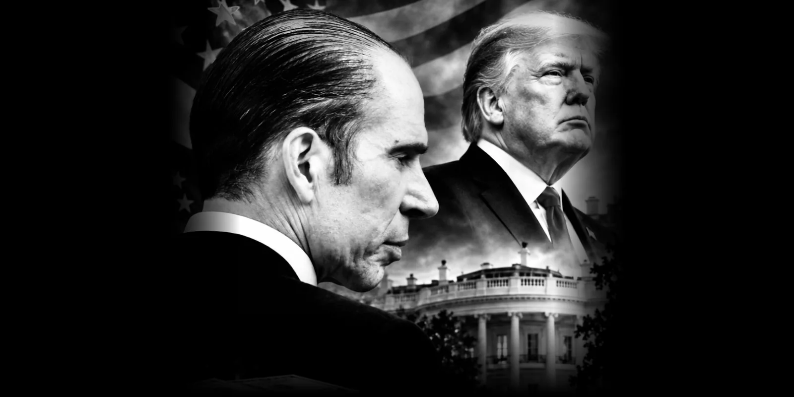 Black-and-white photo illustration of two men in dark suits in front of the White House and an American flag, with a stack of cash in the foreground.