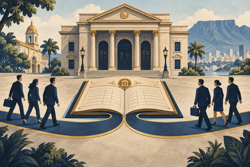 Editorial illustration: A bank facade beside an open historical ownership ledger.