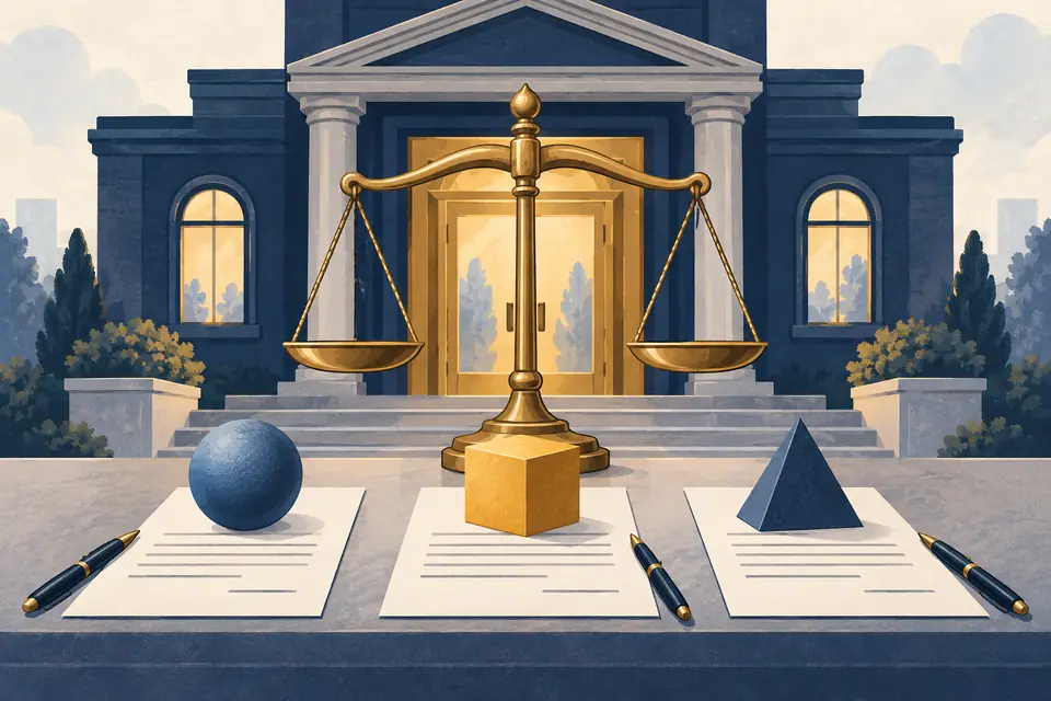Editorial illustration: Loan application sheets and a balance scale in front of a bank doorway.