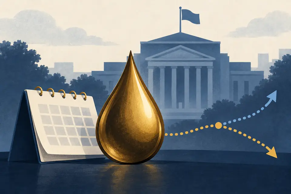 Editorial illustration: An oil-drop shape and calendar beside a forecast path that branches in two directions.