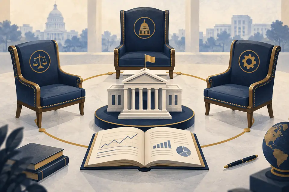 Editorial illustration: Three institutional chairs surrounding a central-bank model and policy ledger.