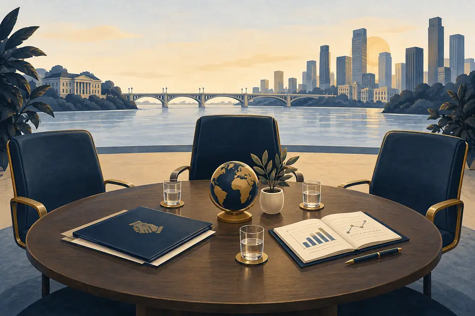 Editorial illustration: Three chairs around a shared table with financial records and a city beyond.