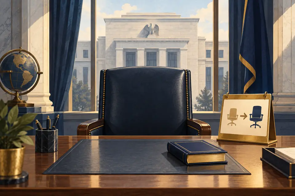 Editorial illustration: An empty central-bank leadership chair, a book, and a calendar.