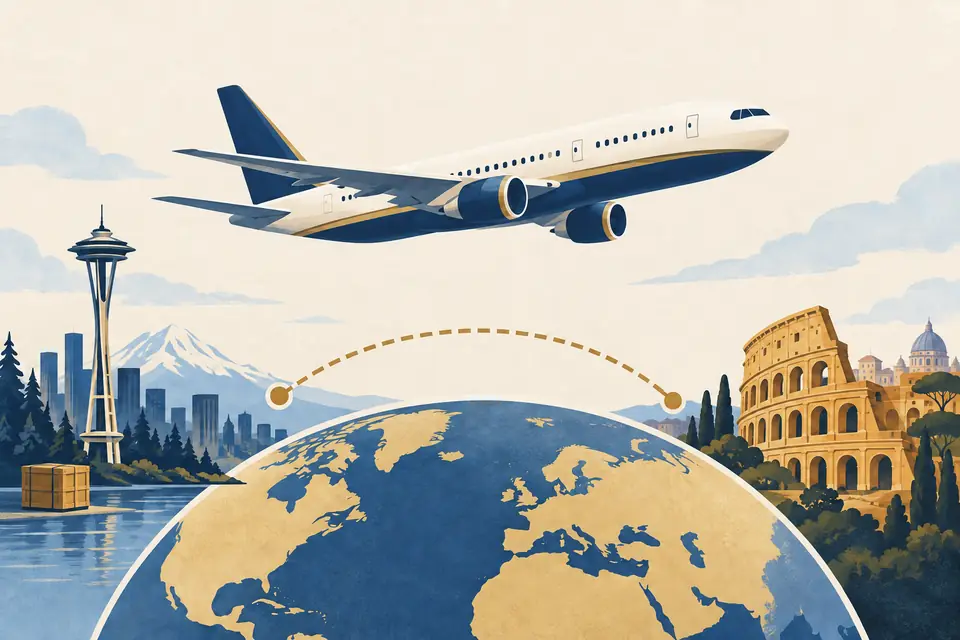 Editorial illustration: A passenger aircraft above a route between Seattle-inspired and Roman landmarks.