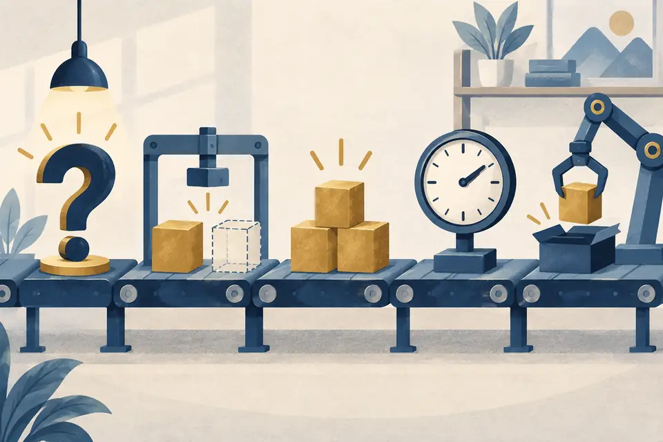 Editorial illustration: A production line showing questioning, simplification, timing, and automation.