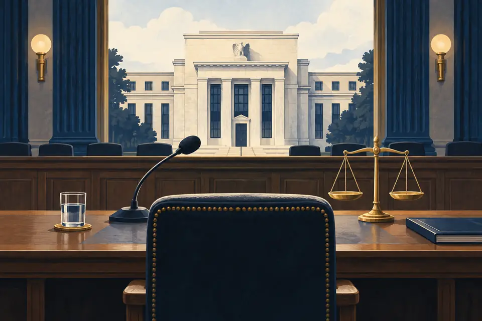 Editorial illustration: A hearing-room microphone and empty chair facing a central-bank building.