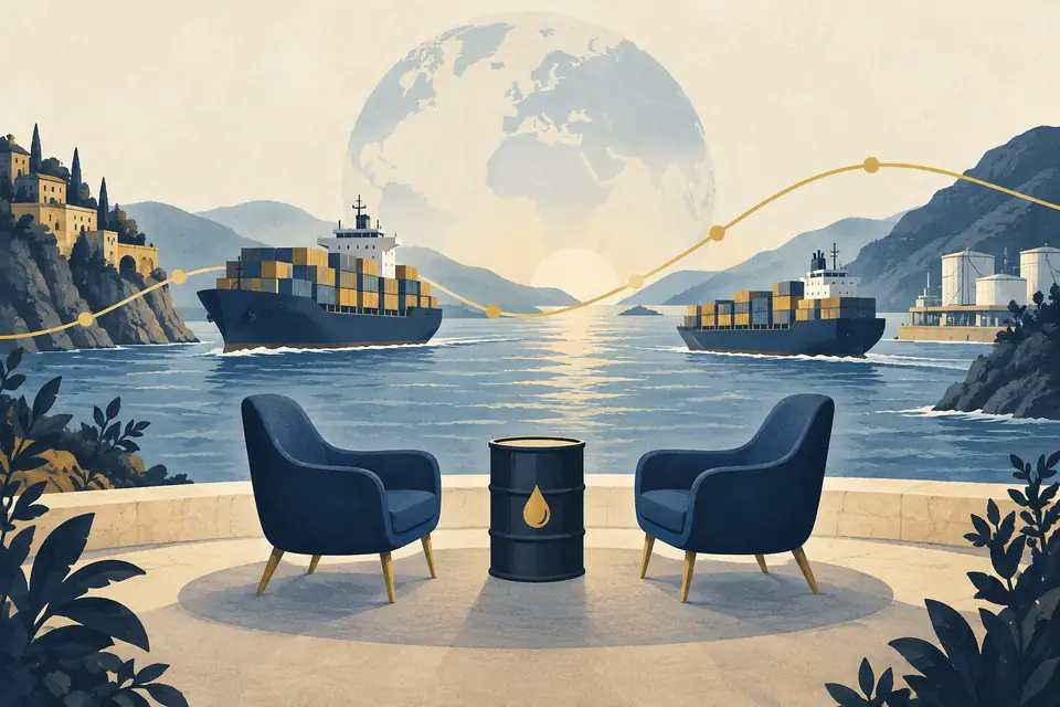 Editorial illustration: Two discussion chairs, an oil barrel, and cargo ships in a sea passage.