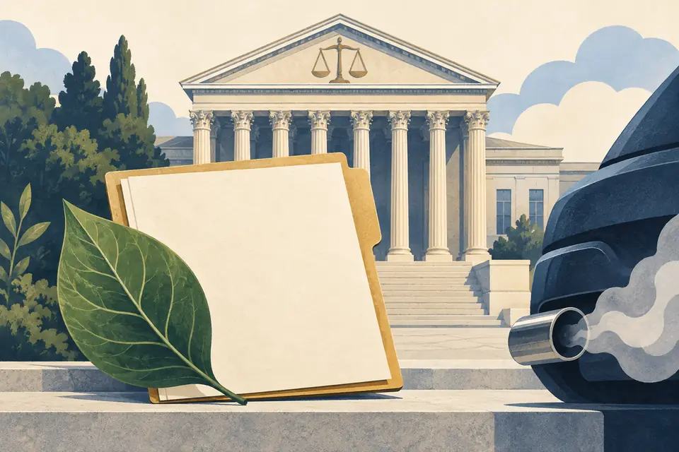 Editorial illustration: A petition folder, a leaf, and a vehicle-emissions pipe in front of a courthouse.
