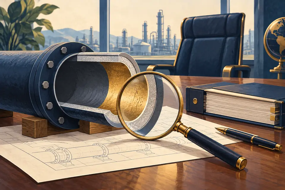 Editorial illustration: An industrial pipe section beside a boardroom chair and project ledger.