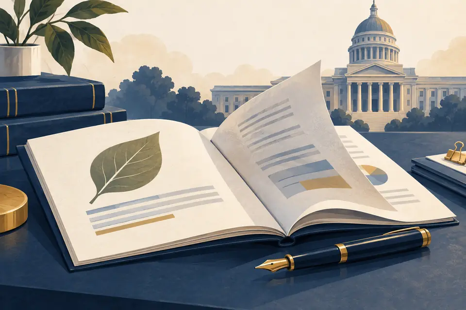 Editorial illustration: A corporate report with a leaf, a pen, and a government building behind.