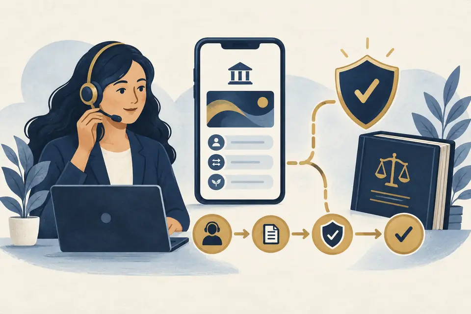 Editorial illustration: A support headset and mobile banking screen linked by a service workflow.