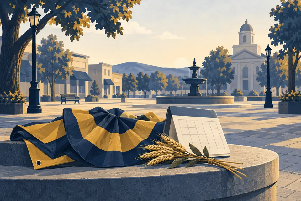 Editorial illustration: An empty community square with folded banners, a calendar, and wheat.