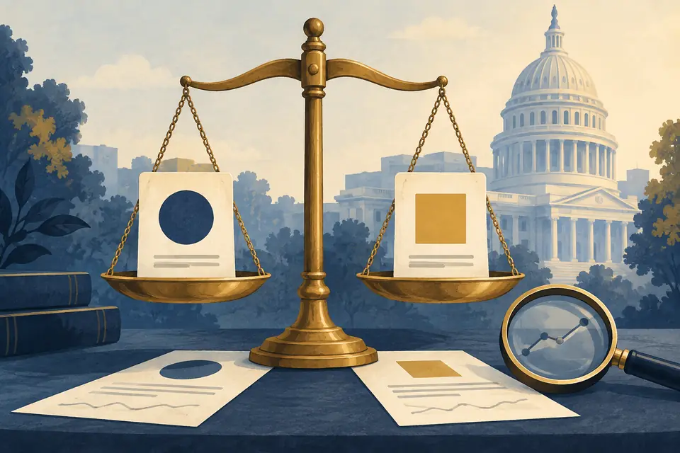 Editorial illustration: Two abstract event-contract cards balanced on scales beside a monitoring lens.
