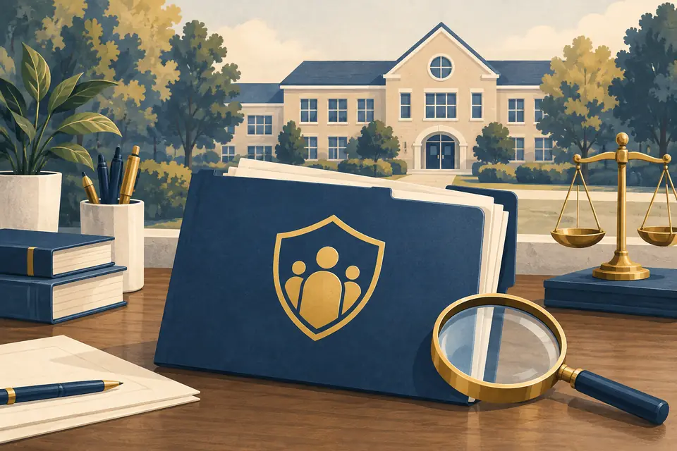 Editorial illustration: A protected complaint folder and magnifying glass in front of a school.