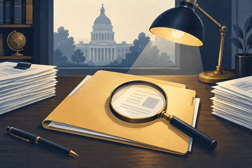 Editorial illustration: A case folder and magnifying glass under a desk lamp.