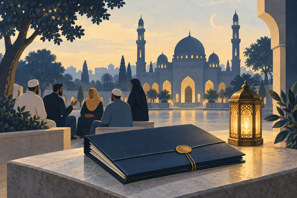 Editorial illustration: A peaceful mosque courtyard, community members, and a closed records folder.