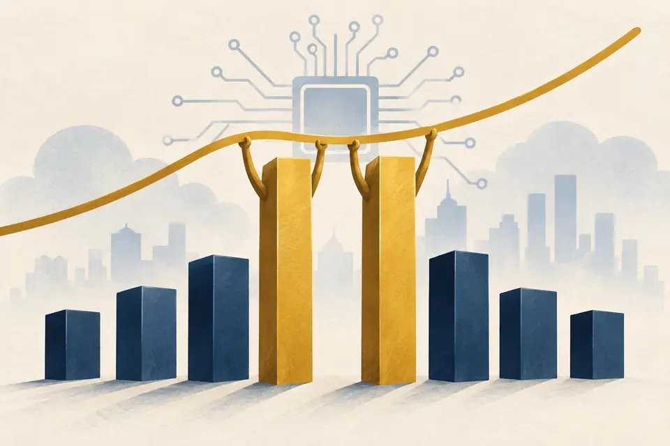 Editorial illustration: Two tall gold market blocks support a rising line above smaller blue blocks.
