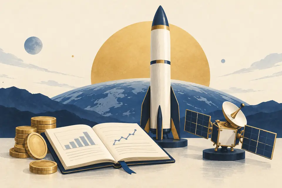 Editorial illustration: An unbranded rocket and satellite beside a financial ledger and coins.