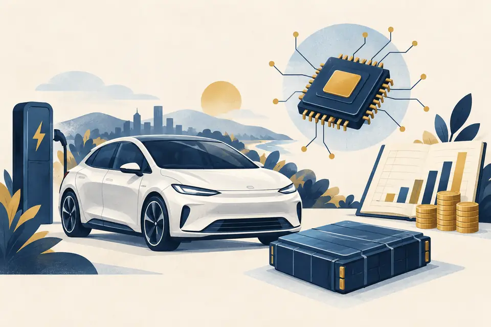 Editorial illustration: An electric car, battery, chip, and financial ledger.