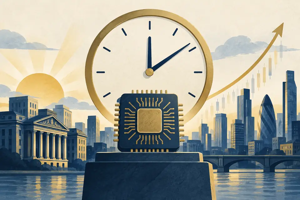 Editorial illustration: A clock and a silicon chip above a financial district.