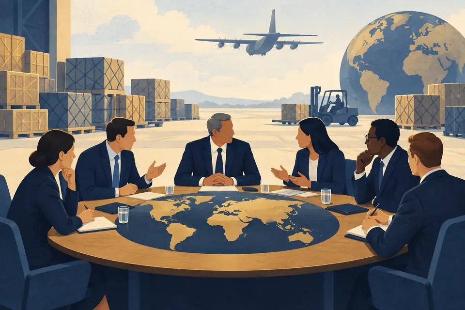 Editorial illustration: A transport aircraft and cargo crates beyond a diplomatic discussion table.