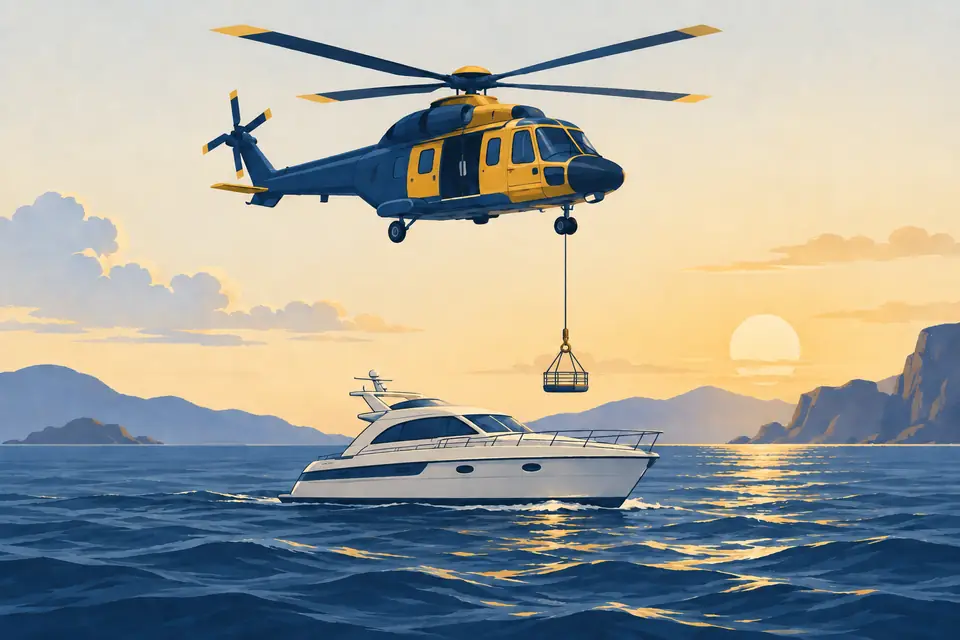 Editorial illustration: A rescue helicopter hovering above a small yacht on stylized waves.