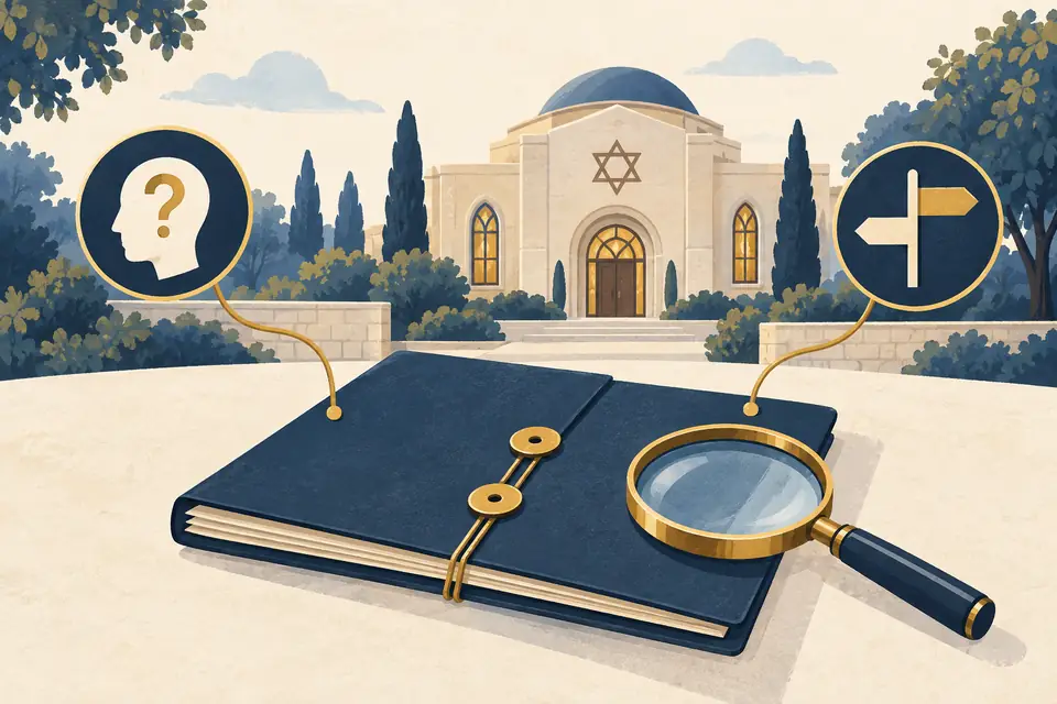 Editorial illustration: A synagogue-inspired community building beside an investigation file and magnifying glass.