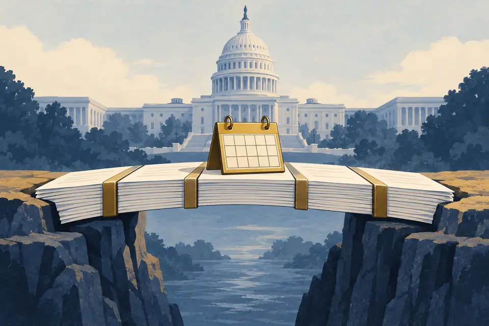 Editorial illustration: A short bridge of budget documents in front of a legislative building.