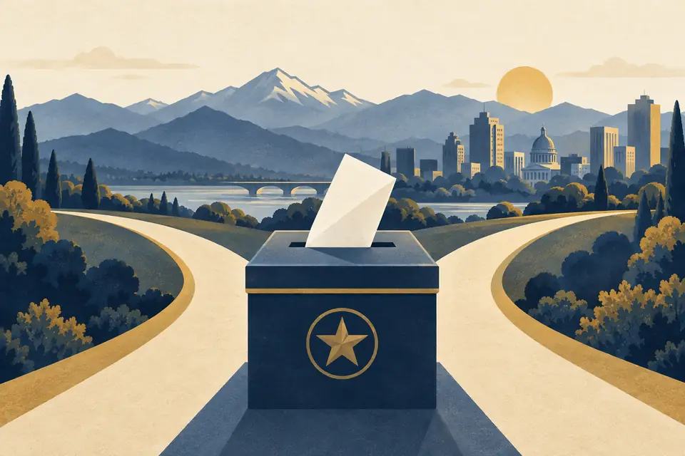 Editorial illustration: A ballot box between two paths, with a mountain-city skyline behind.