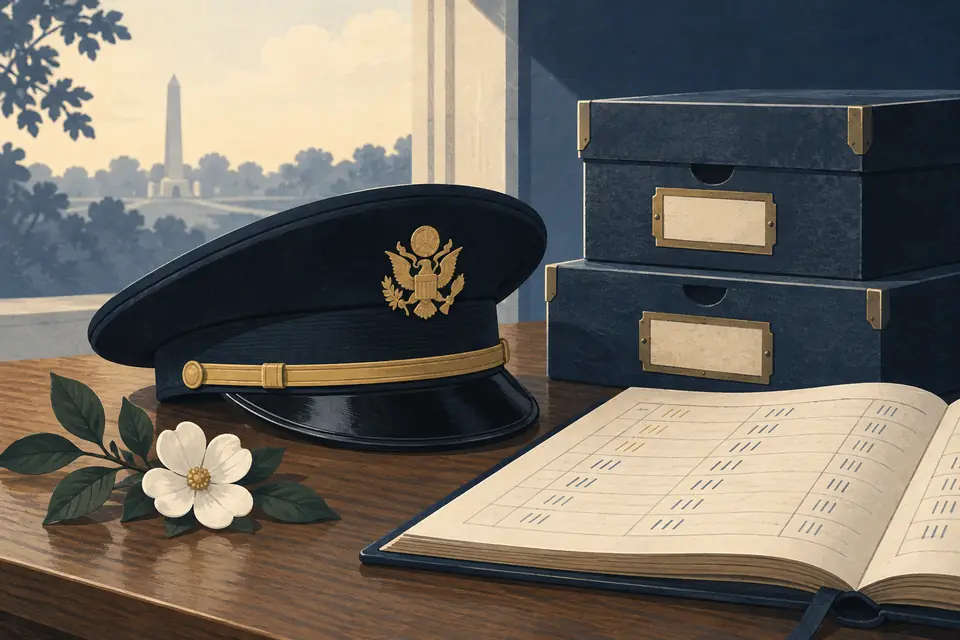 Editorial illustration: A military service cap beside archival record boxes and a ledger.