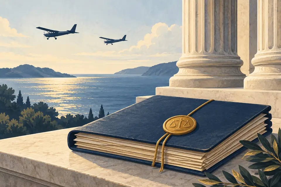 Editorial illustration: A historical case file beside courthouse columns, with two civilian aircraft over the sea.