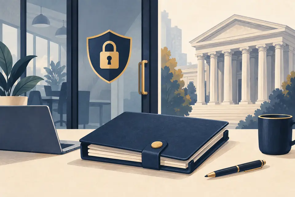 Editorial illustration: A technology-office doorway, a lock symbol, and a closed case file.