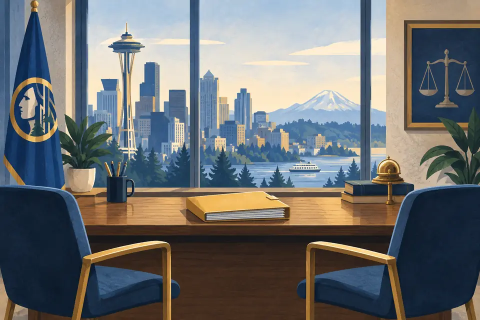 Editorial illustration: A civic office desk and records against a Seattle-inspired skyline.