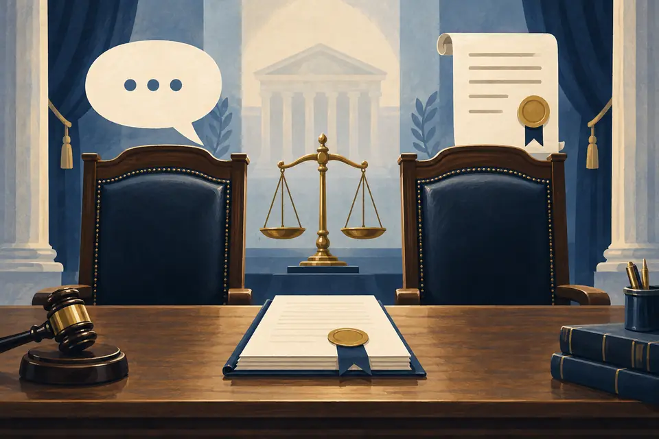 Editorial illustration: Two judicial chairs, a speech ribbon, and a formal court document.