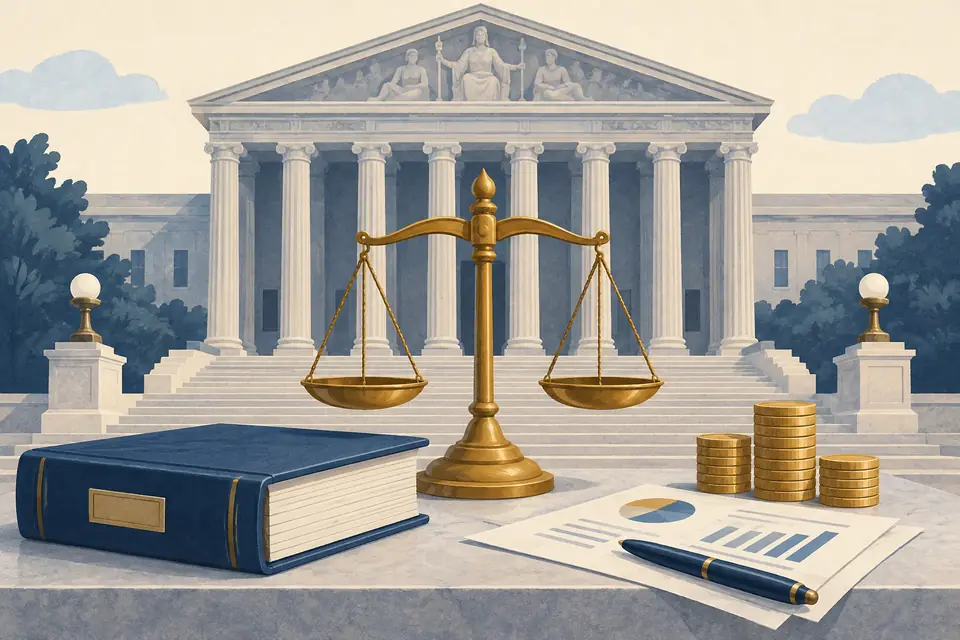 Editorial illustration: A courthouse, a budget ledger, and a brass balance scale.