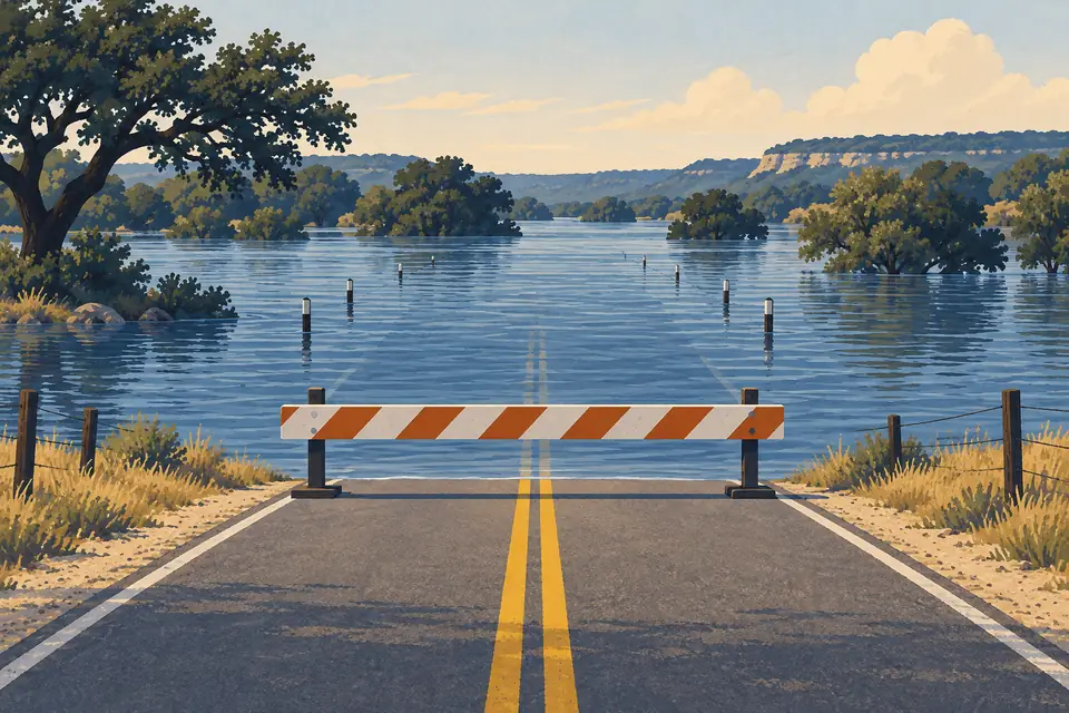 Editorial illustration: A road barrier closing a low-water crossing during a flood.