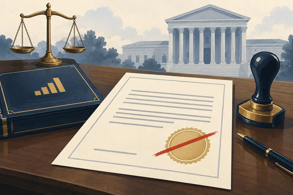 Editorial illustration: A revoked document and a closed funding ledger in front of a courthouse.
