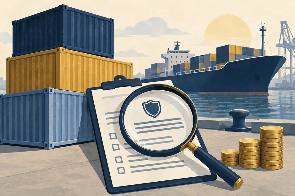 Editorial illustration: Shipping containers, a cargo vessel, and a customs document.