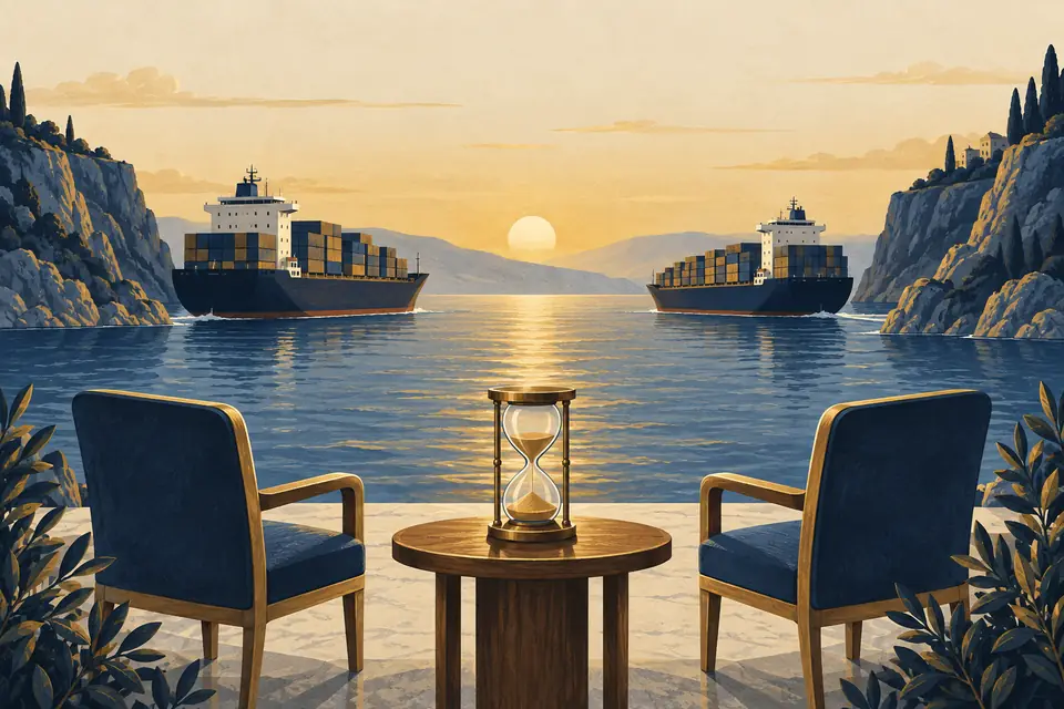 Editorial illustration: Merchant ships in a calm passage, discussion chairs, and an hourglass.