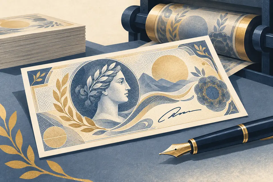 Editorial illustration: A fictional banknote, a signature flourish, a pen, and a printing roller.