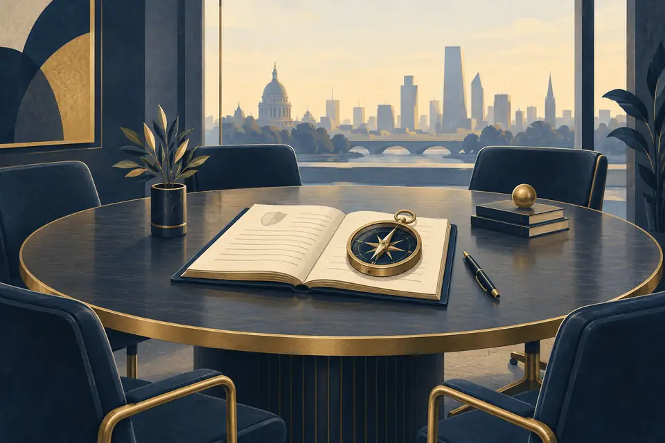 Editorial illustration: An empty boardroom table with a governance ledger and city skyline.