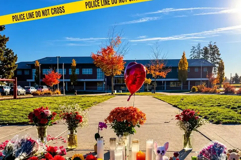 Flowers and memorial tributes outside Silver Rail Elementary School in Bend, Oregon, following the fatal shooting.