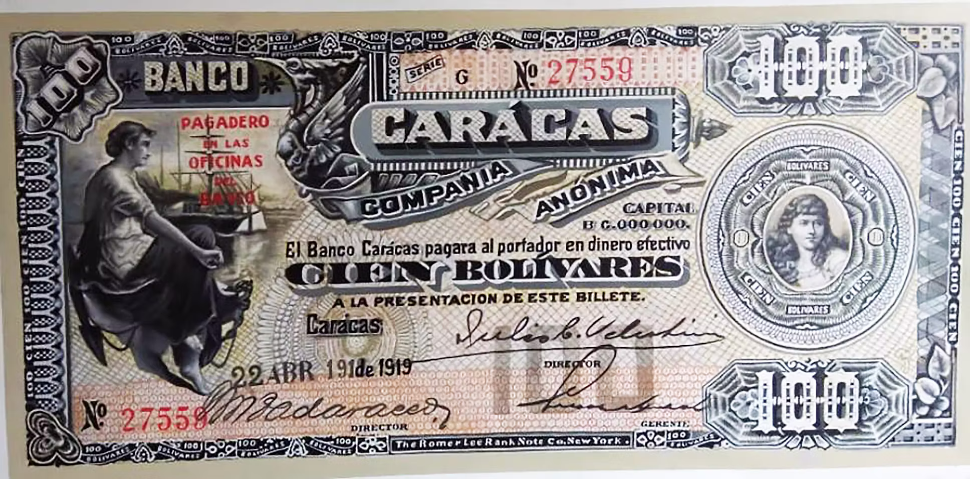 Historical Banco Caracas banknote from Venezuela's private-note era