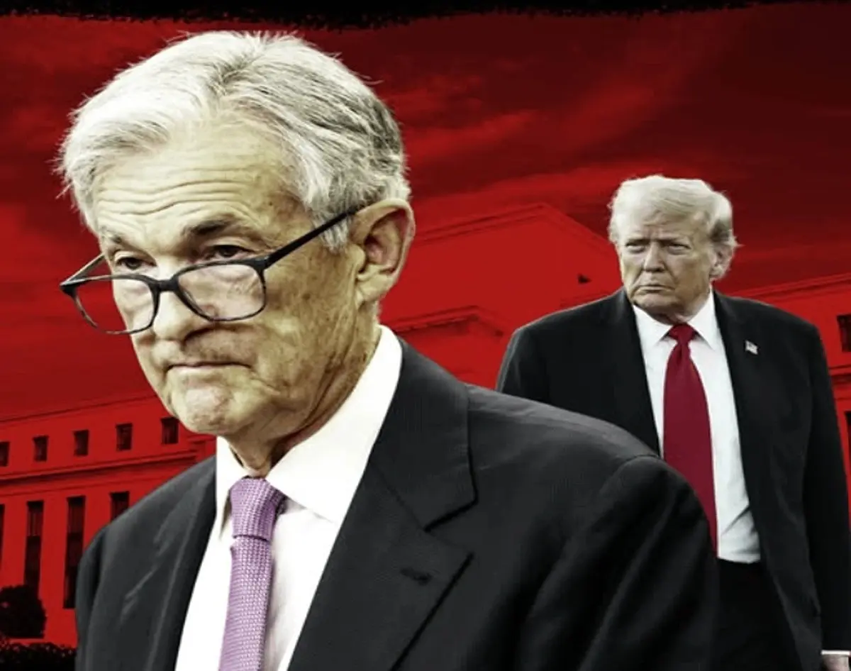 Jerome Powell and Donald Trump amid growing tensions over Federal Reserve independence and interest rate policy.